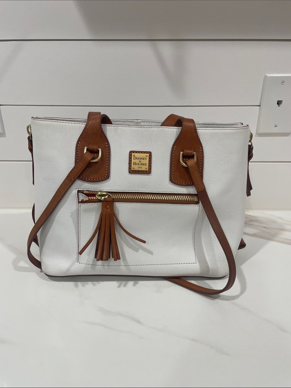 Dooney & Bourke White Shoulder Tote with Brown Trim